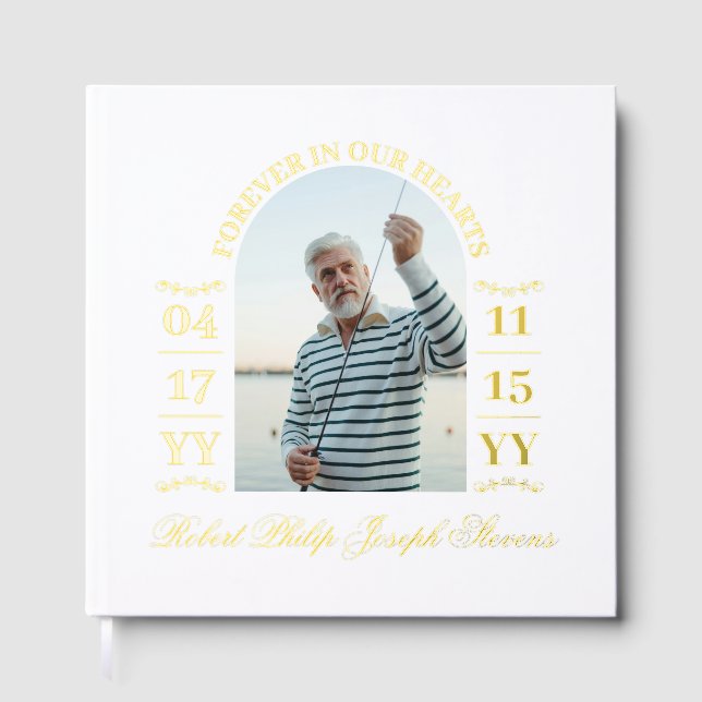 Elegantes Gold Arch Foto für immer im Herzen Gästebuch (Vorderseite)