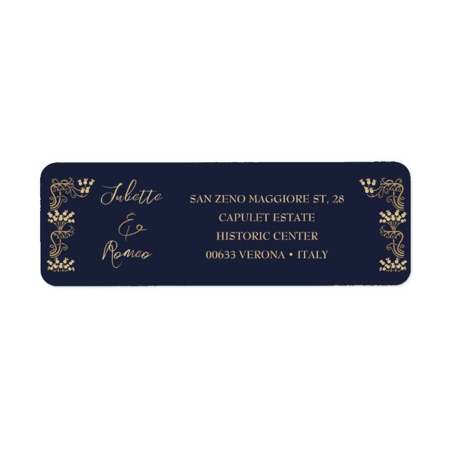 Elegantes Gold Art Deco auf blauer Rücksendeadress (Vorne)