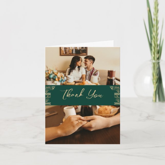 Elegantes Gold Art Deco auf Grün, 2 Fotos Hochzeit Dankeskarte (Vorderseite)