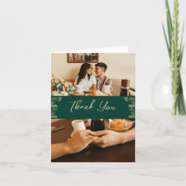 Elegantes Gold Art Deco auf Grün, 2 Fotos Hochzeit Dankeskarte