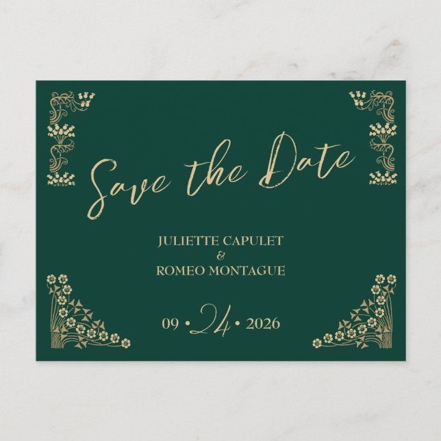 Elegantes Gold Art Deco auf Grün Save the Date Postkarte (Vorderseite)