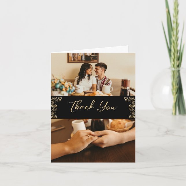 Elegantes Gold Art Deco auf schwarz, 2 Fotos Hochz Dankeskarte (Vorderseite)