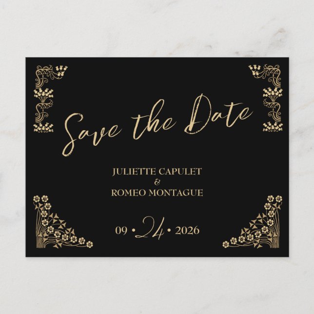Elegantes Gold Art Deco auf schwarz Save the Date Postkarte (Vorderseite)