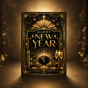 Elegantes Gold Art Deco Frohes Neues Jahr Feiertagskarte
