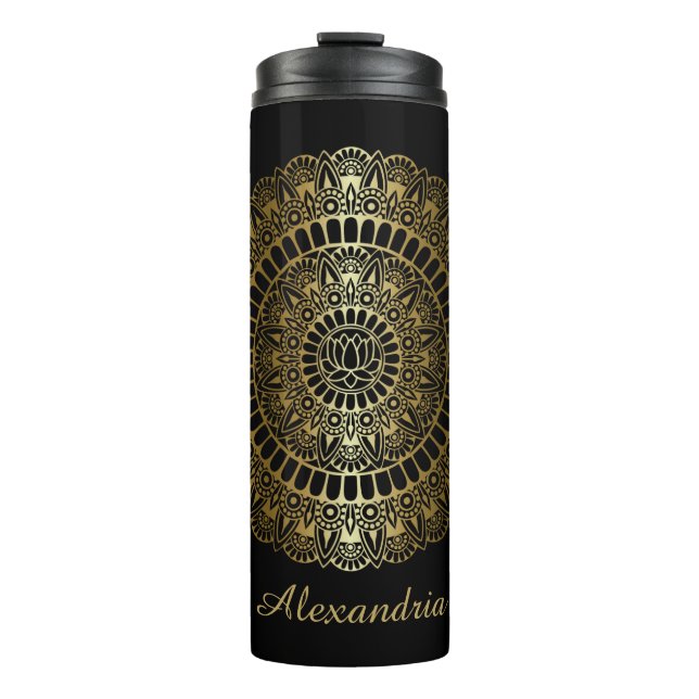 Elegantes Gold auf Black Lotus Henna Mandala Thermosbecher (Vorderseite)