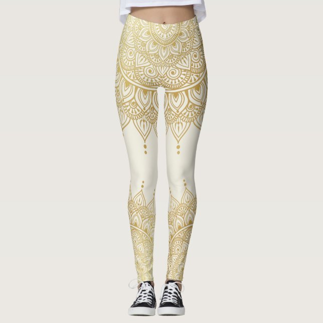 Elegantes Gold auf Cream Floral Henna Mandala Legg Leggings (Vorderseite)