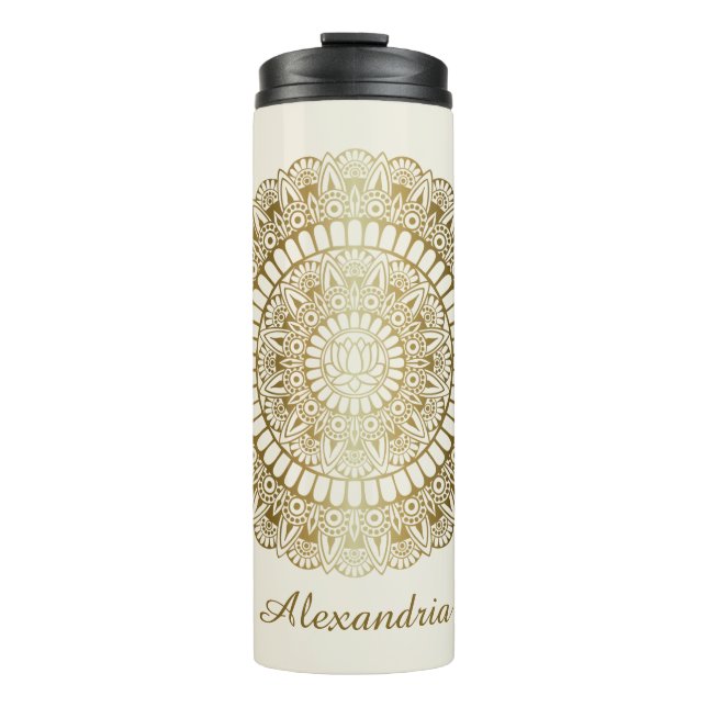 Elegantes Gold auf Cream Lotus Henna Mandala Thermosbecher (Vorderseite)
