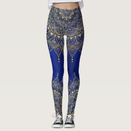 Elegantes Gold auf Deep Blue Floral Henna Mandala Leggings