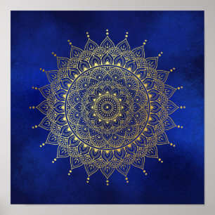 Elegantes Gold auf Deep Blue Floral Henna Mandala  Poster