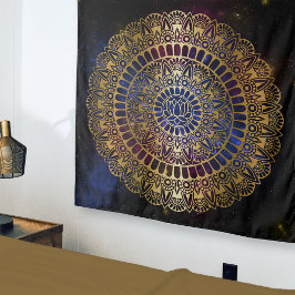 Elegantes Gold auf Dunkelnebel Lotus Henna Mandala Wandteppich