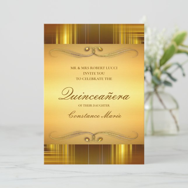 Elegantes Gold auf Gold Quinceanera Einladung (Stehend Vorderseite)