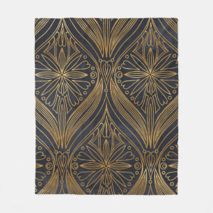 Elegantes Gold auf schwarzem Damast-Muster Fleecedecke