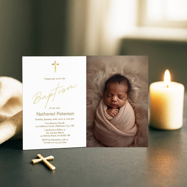 Elegantes Gold Baby Boy Baptism Foto Einladung (Von Creator hochgeladen)