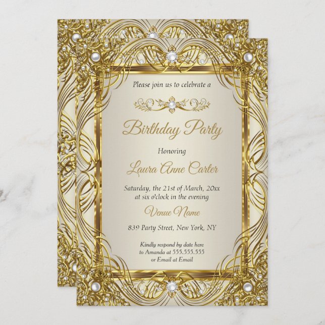 Elegantes Gold-Beige Creme Pearl Damask Party Einladung (Vorne/Hinten)
