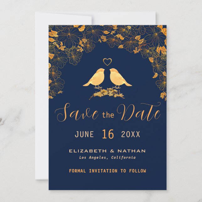 Elegantes Gold Birds Navy Blue Floral Muster Save The Date (Vorderseite)