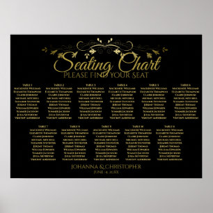 Elegantes Gold Black 11 Table Wedding Seating Char Poster