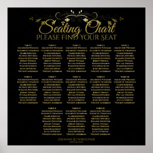Elegantes Gold Black 13 Table Wedding Seating Char Poster