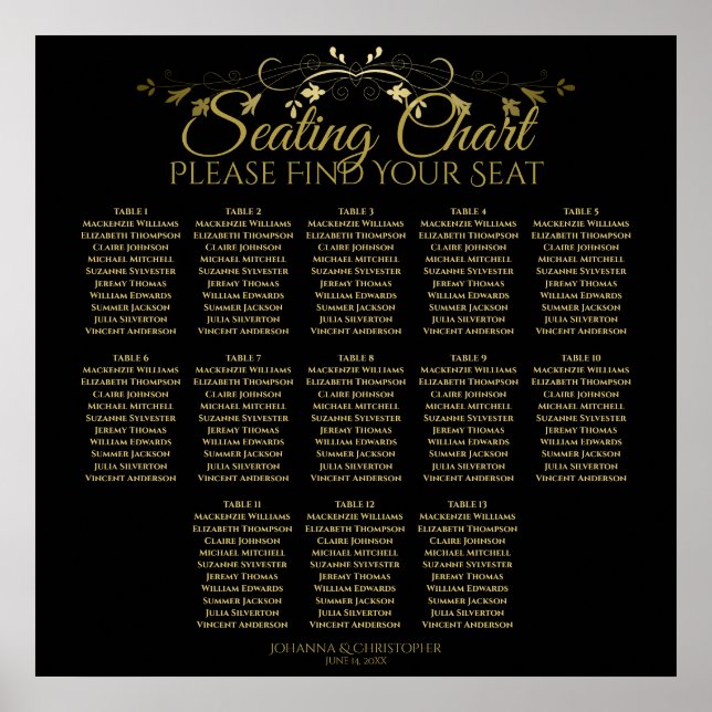 Elegantes Gold Black 13 Table Wedding Seating Char Poster (Vorne)