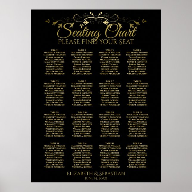Elegantes Gold Black 16 Table Wedding Seating Char Poster (Vorne)