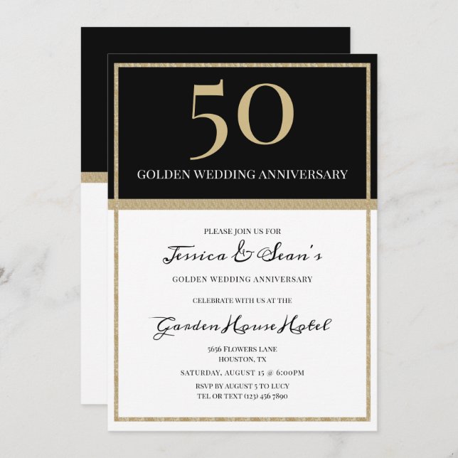 Elegantes Gold & Black 50 Jahre Hochzeit Einladung (Vorne/Hinten)