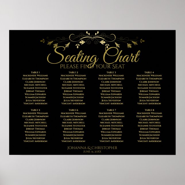 Elegantes Gold & Black 8 Table Wedding Chart Poster (Vorne)