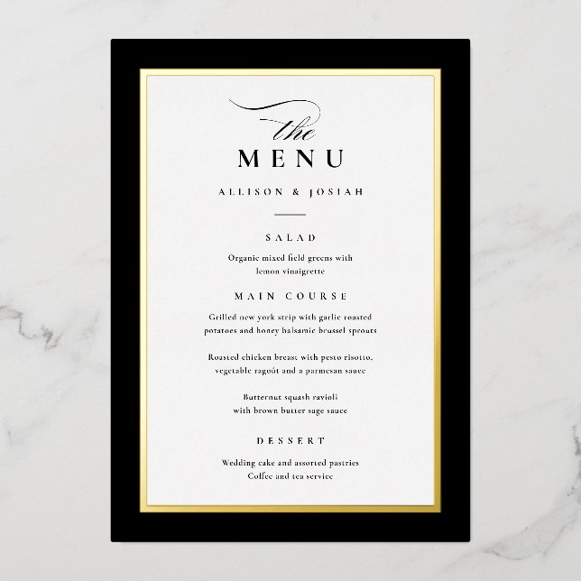Elegantes Gold Black and White Wedding Foil Menus Folieneinladung (Vorderseite)