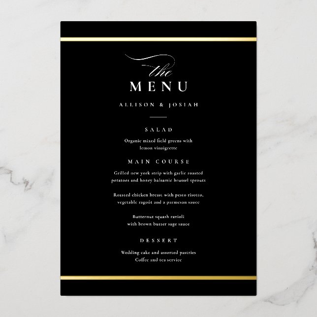 Elegantes Gold Black and White Wedding Foil Menus Folieneinladung (Vorderseite)