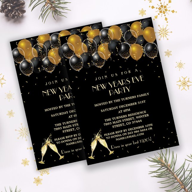 Elegantes Gold Black Balloons New Year Party Einladung (trendy gold black New Years eve party invite, gold black balloons new year party invitation)