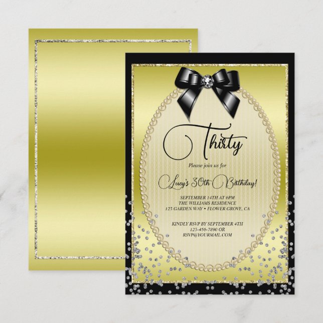 Elegantes Gold, Black Bow & Confetti Geburtstag Einladung (Vorne/Hinten)