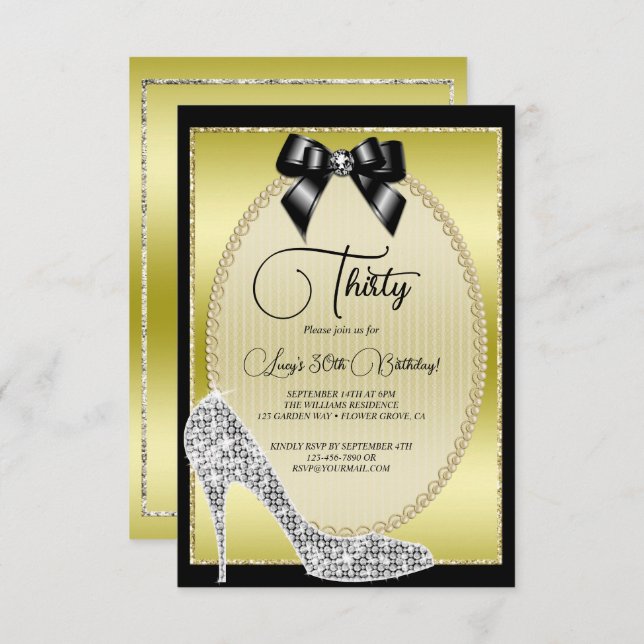 Elegantes Gold, Black Bow & Stiletto Geburtstag Einladung (Vorne/Hinten)