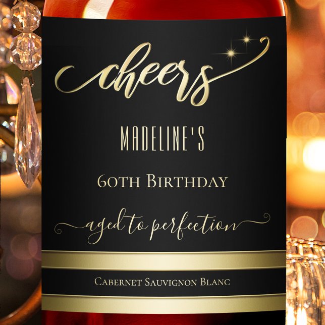 Elegantes Gold Black Cheers Birthday Wine Label Weinetikett (Von Creator hochgeladen)