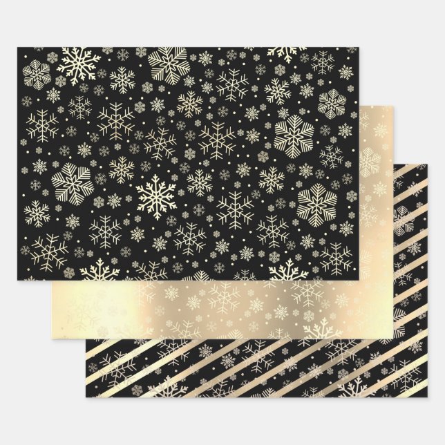Elegantes Gold & Black Christmas Snowflake Muster  Geschenkpapier Set (Set)