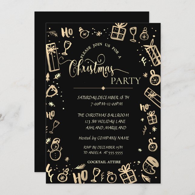 Elegantes Gold Black Company Weihnachts-Party Einladung (Vorne/Hinten)