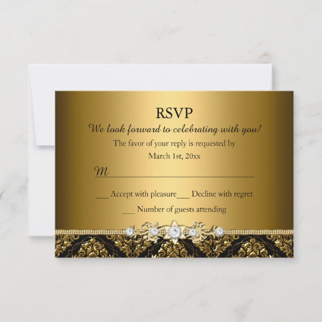 Elegantes Gold & Black Damask UAWG RSVP Karte (Vorderseite)