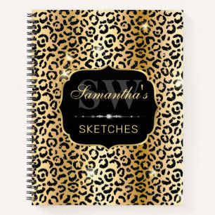 Elegantes Gold Black Glitzer Leopard Spots Monogra Notizbuch