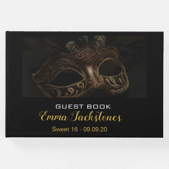 Elegantes Gold & Black Masquerade Sweet 16 Gästebuch (Vorderseite)