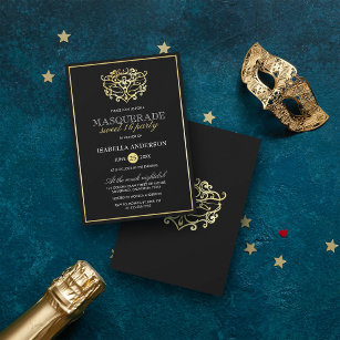 Elegantes Gold & Black Masquerade Sweet 16 Party Einladung