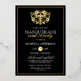 Elegantes Gold & Black Masquerade Sweet 16 Party Folieneinladung