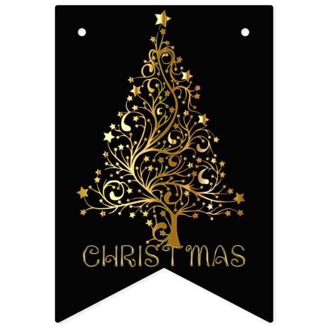 Elegantes Gold Black Merry Christmas Tree Party Wimpelkette (Erste Fahne)