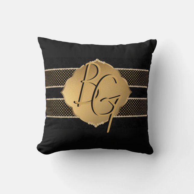 Elegantes Gold Black Monogram Design Kissen (Vorderseite)