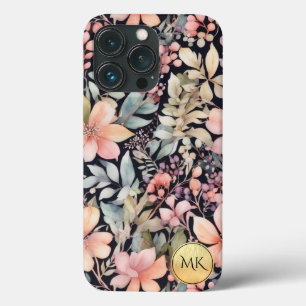 Elegantes Gold Black Pink Floral Watercolor Monogr Case-Mate iPhone Hülle