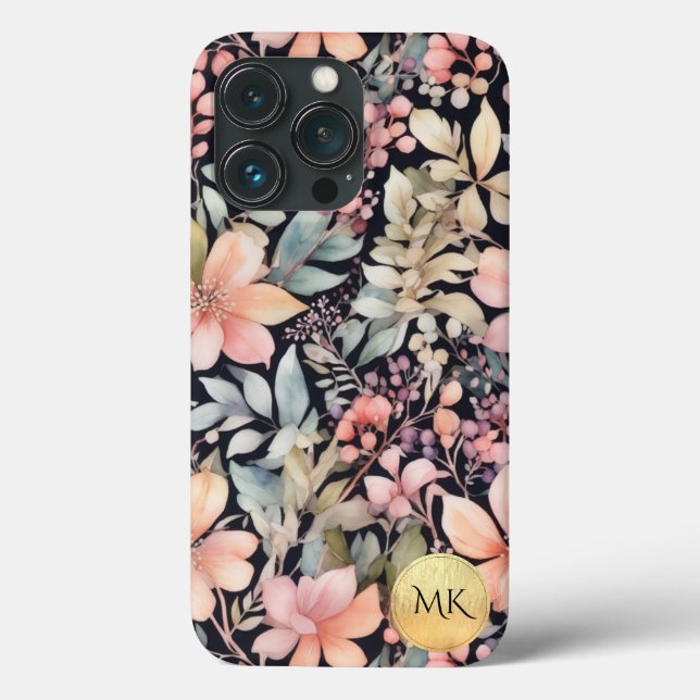 Elegantes Gold Black Pink Floral Watercolor Monogr Case-Mate iPhone Hülle (Rückseite)