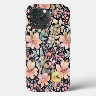 Elegantes Gold Black Pink Floral Watercolor Monogr iPhone 13 Pro Hülle