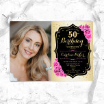 Elegantes Gold Black Pink Roses Foto 50. Geburtsta Einladung<br><div class="desc">Elegante florale feminine 50. Geburtstagseinladung mit Ihrem Foto. Glam-Design mit Imitat Gold. Enthält rosa Rosen,  Skript-Schriftart und Konfetti. Ideal für ein stilvolles Party für Erwachsene. Personalisieren Sie Ihre persönlichen Daten. Kann für jedes Alter angepasst werden! Gedruckte Zazzle Einladungen oder Sofortdownload digitalen druckbaren Vorlage.</div>