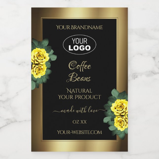 Elegantes Gold Black Product Label Gelbe Rosen Log Lebensmitteletikett (Einzelnes Label)