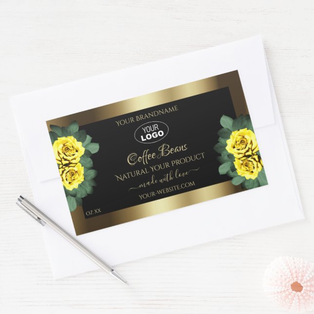Elegantes Gold Black Product Label Gelbe Rosen Log Rechteckiger Aufkleber (Umschlag)