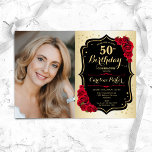 Elegantes Gold Black Rote Rosen Foto 50. Geburtsta Einladung<br><div class="desc">Elegante florale feminine 50. Geburtstagseinladung mit Ihrem Foto. Glam-Design mit Imitat Gold. Enthält rote Rosen,  Skript-Schriftart und Konfetti. Ideal für ein stilvolles Party für Erwachsene. Personalisieren Sie Ihre persönlichen Daten. Kann für jedes Alter angepasst werden! Gedruckte Zazzle Einladungen oder Sofortdownload digitalen druckbaren Vorlage.</div>