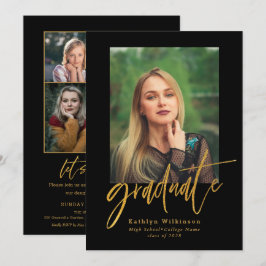 Elegantes Gold Black Script 5 Foto Collage Grad Einladung