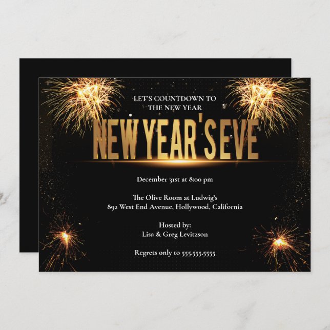 Elegantes Gold & Black Silvester Party Einladung (Vorne/Hinten)