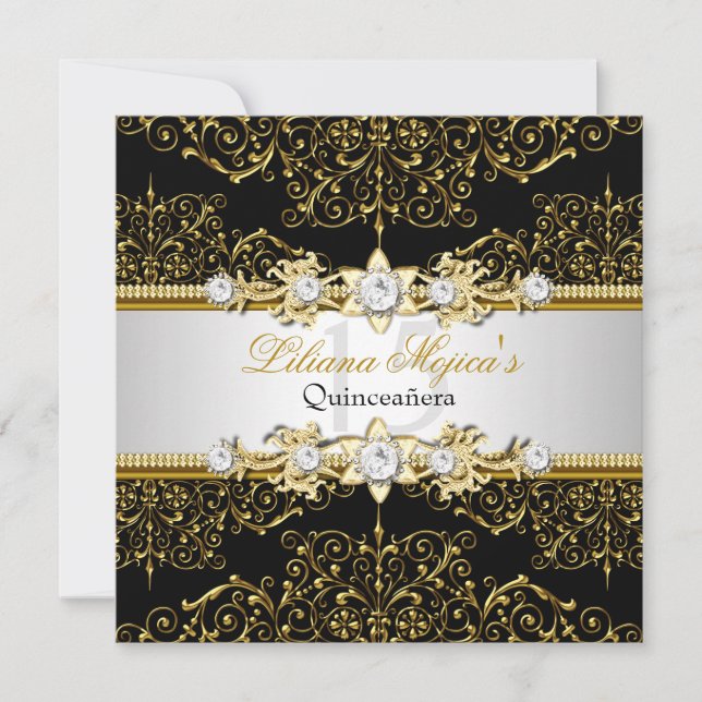 Elegantes Gold & Black Swirl Damask Quinceanera Einladung (Vorderseite)